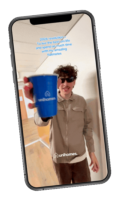 Phone graphic containing Unihomes Tiktok video 