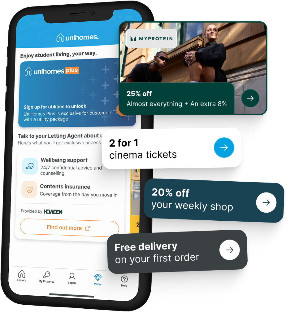 UniHomes app showing student perks and discount offers