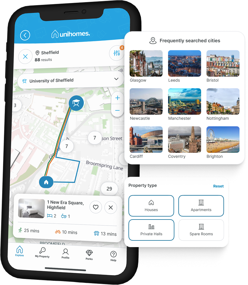 UniHomes app showing property search on a map with frequently searched cities