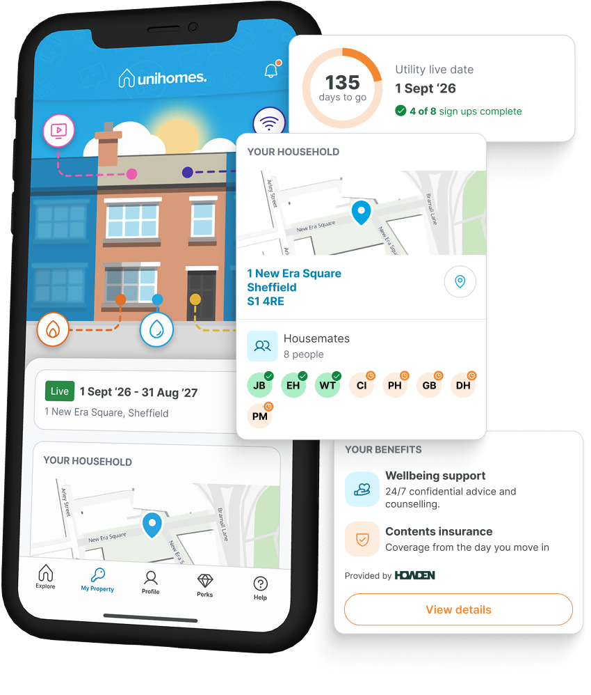 UniHomes app showing household utilities, housemates and benefits